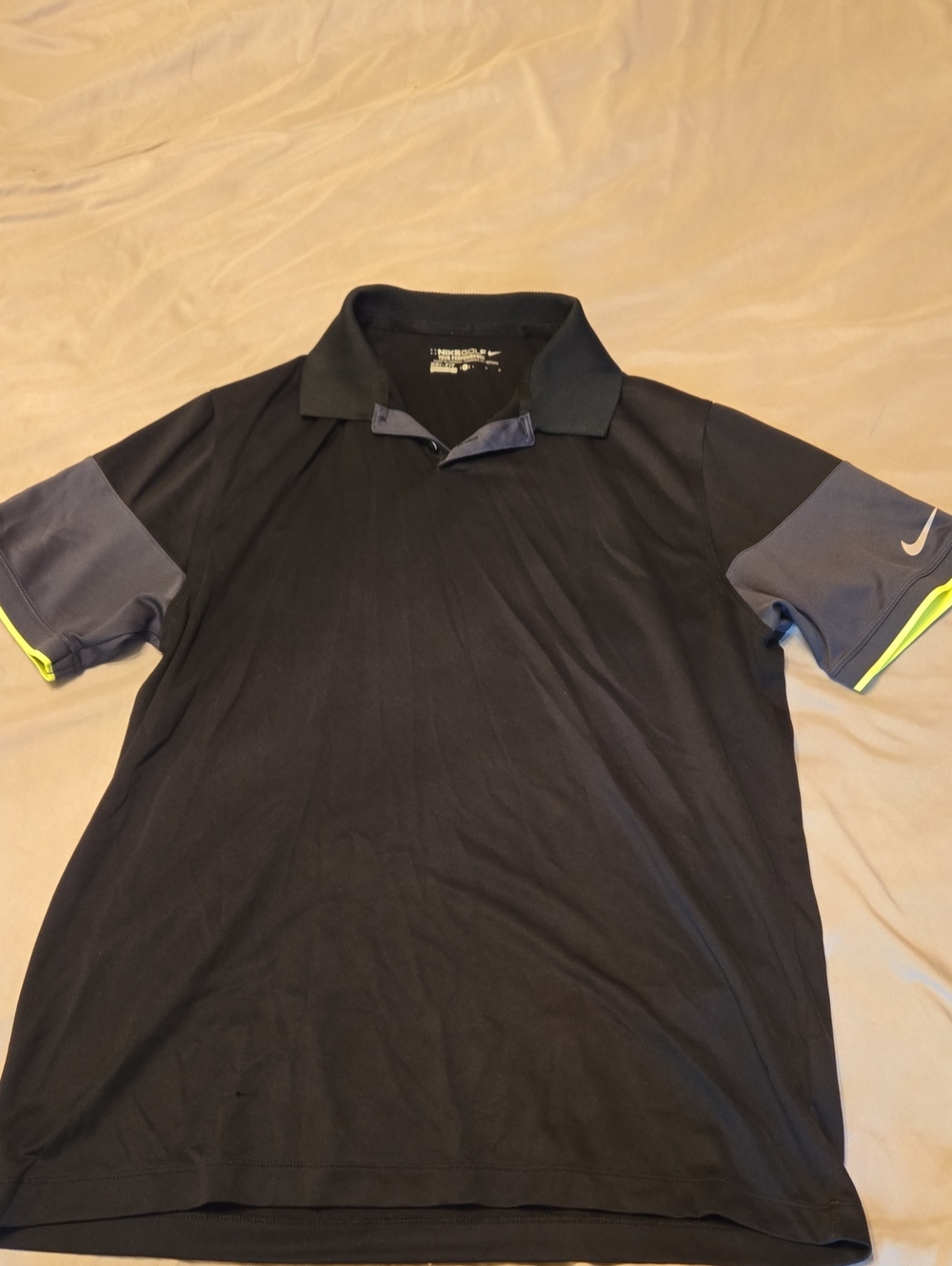 Nike Men's Black Polo with Grey Sleeves and Neon Yellow Trim